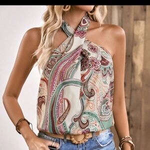 Pink and Blue Paisley Crop Tank Top